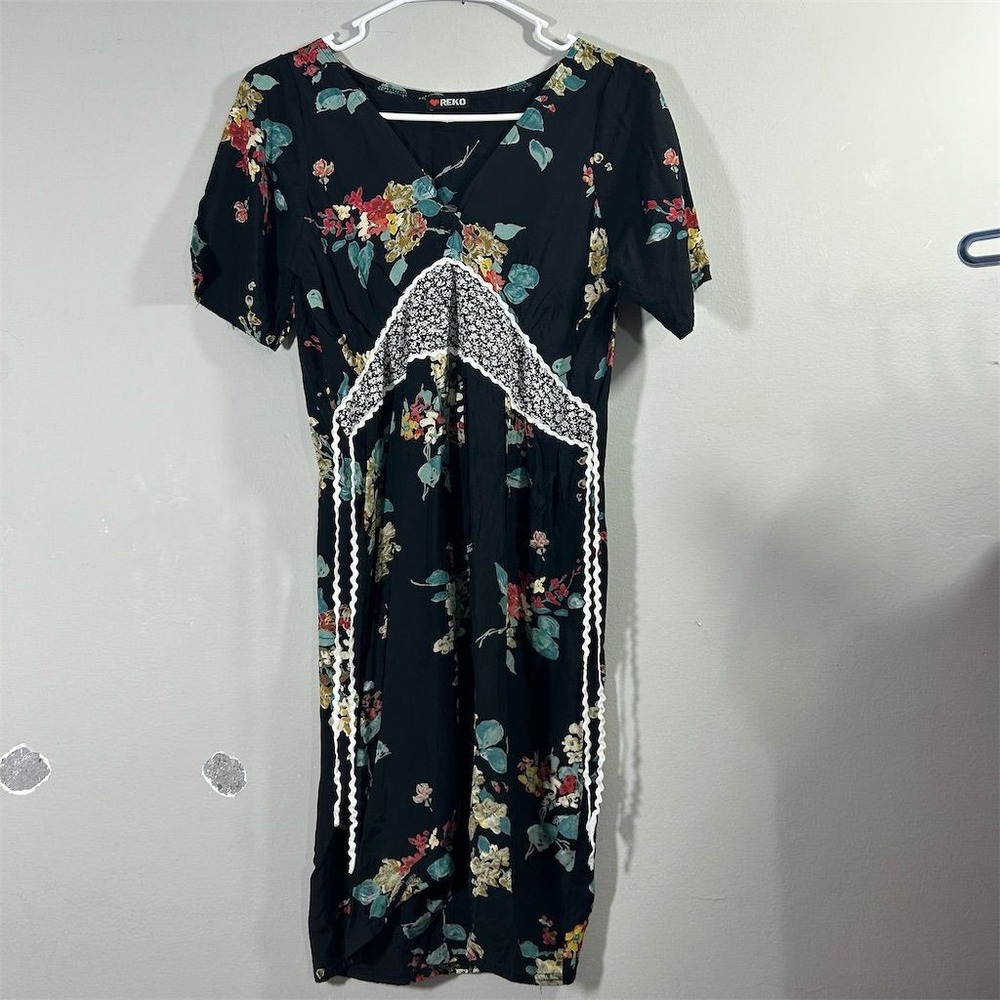 REKO‎ Women's Floral Maxi Dress Lace Detail V-Neck Multicolor Size Small